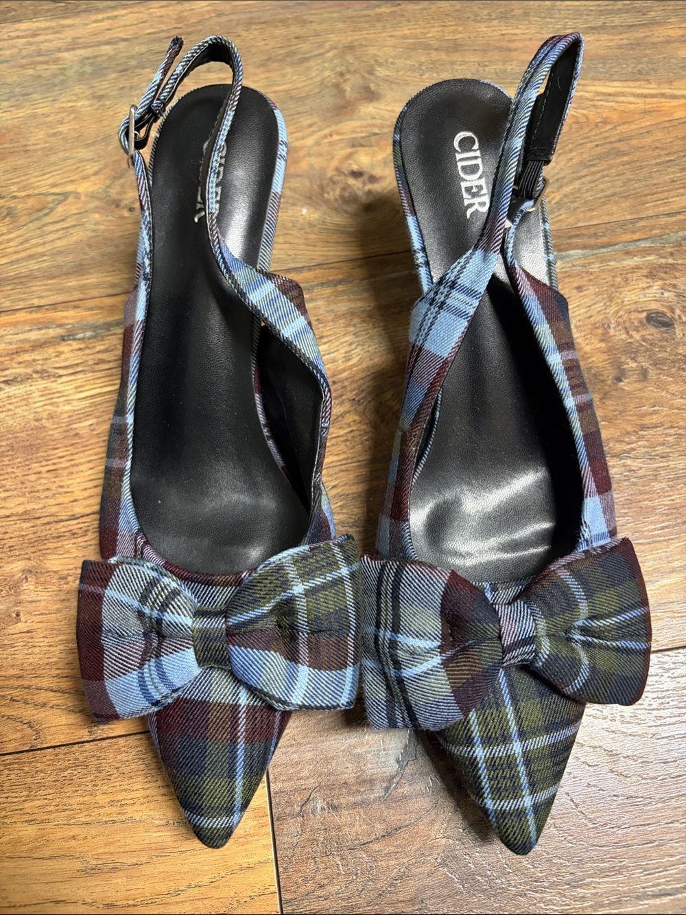 Cider Blue and Brown Plaid Bow Slingback low heels